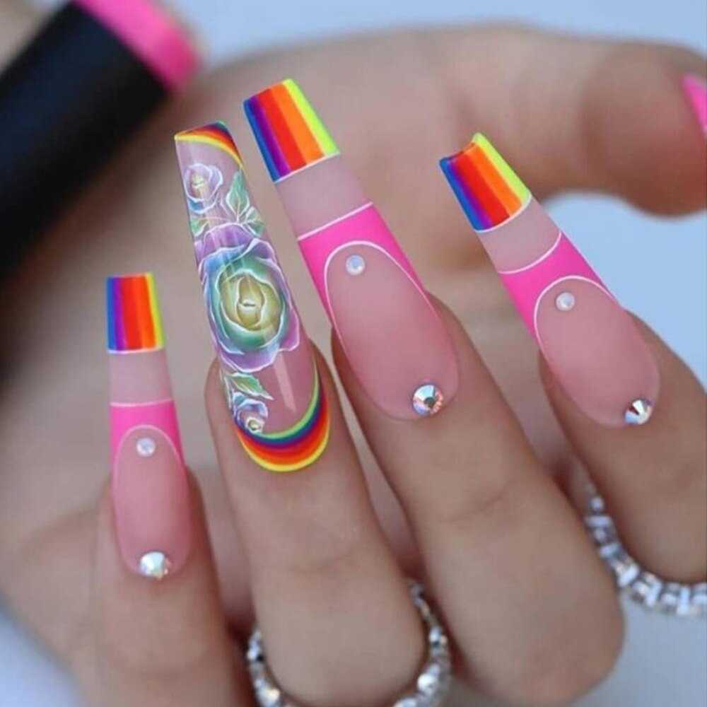 24Pcs Pink French False Nails French with Rhinestone Acrylic Fake Nail Tips Detachable Coffin Press on Nails Full Cover Manicure 2968