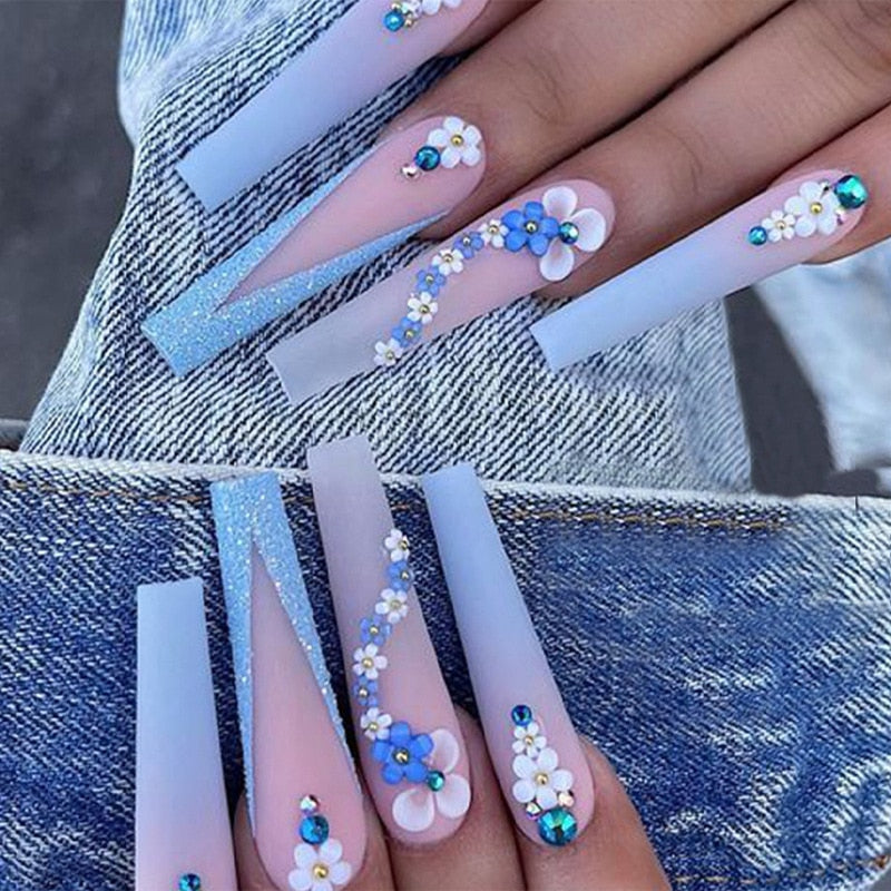24Pcs Pink French False Nails French with Rhinestone Acrylic Fake Nail Tips Detachable Coffin Press on Nails Full Cover Manicure 1545