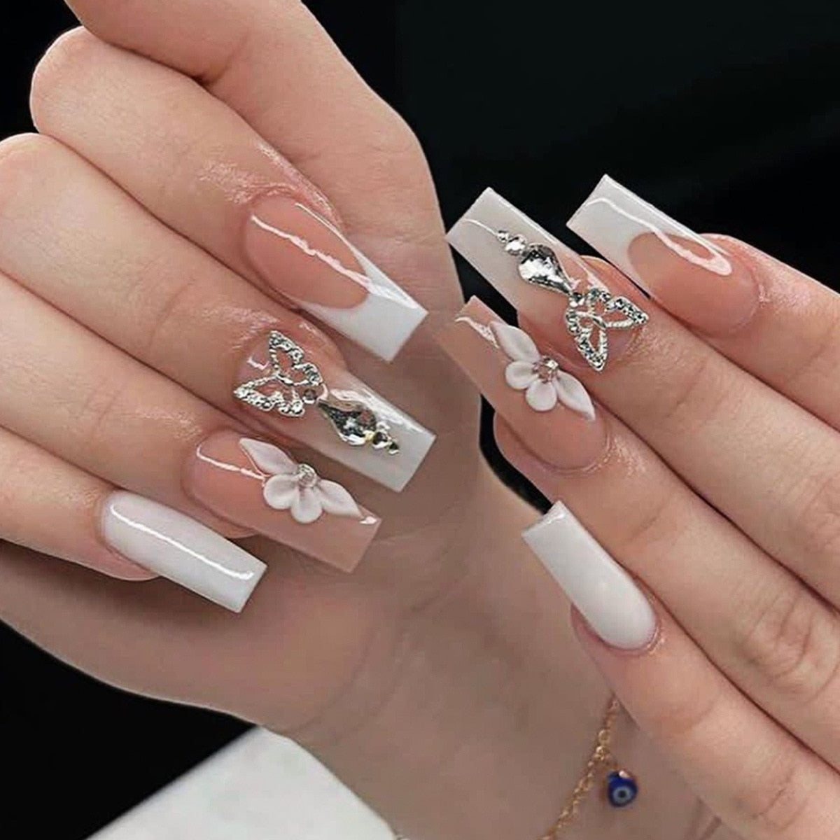 24Pcs Pink French False Nails French with Rhinestone Acrylic Fake Nail Tips Detachable Coffin Press on Nails Full Cover Manicure XY-39-70