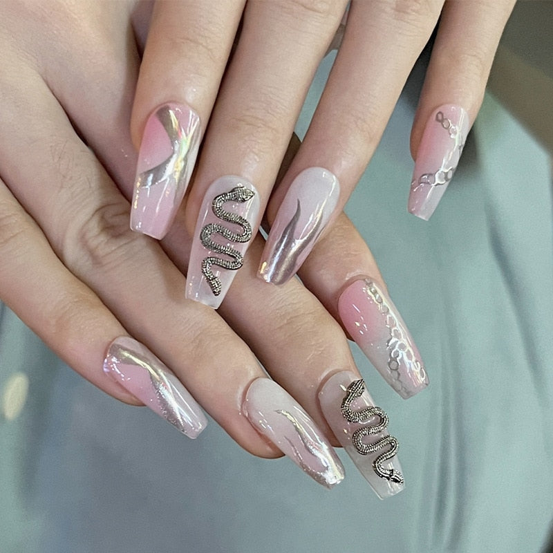 24Pcs Pink French False Nails French with Rhinestone Acrylic Fake Nail Tips Detachable Coffin Press on Nails Full Cover Manicure 2622
