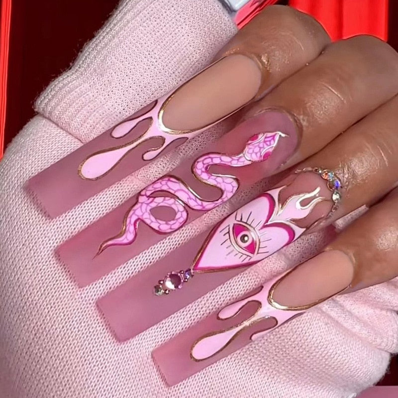 24Pcs Pink French False Nails French with Rhinestone Acrylic Fake Nail Tips Detachable Coffin Press on Nails Full Cover Manicure 2282