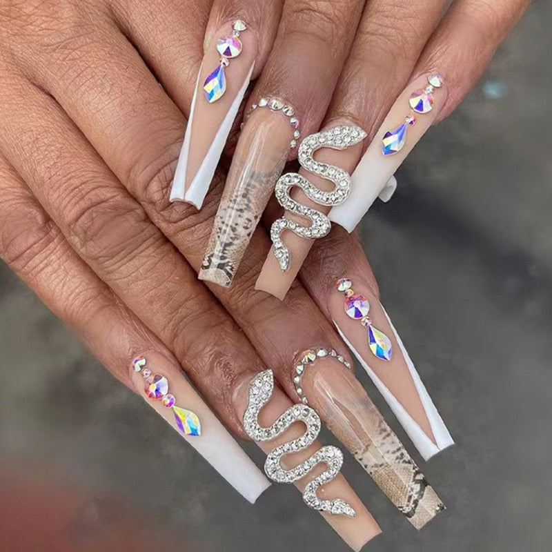 24Pcs Pink French False Nails French with Rhinestone Acrylic Fake Nail Tips Detachable Coffin Press on Nails Full Cover Manicure 521