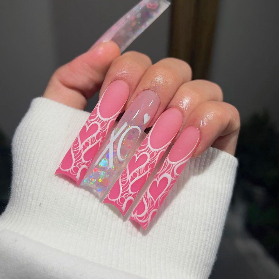 24Pcs Pink French False Nails French with Rhinestone Acrylic Fake Nail Tips Detachable Coffin Press on Nails Full Cover Manicure WM-26
