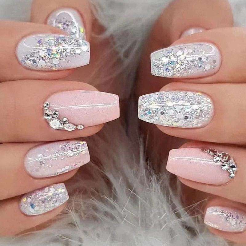 24Pcs Pink French False Nails French with Rhinestone Acrylic Fake Nail Tips Detachable Coffin Press on Nails Full Cover Manicure 2375