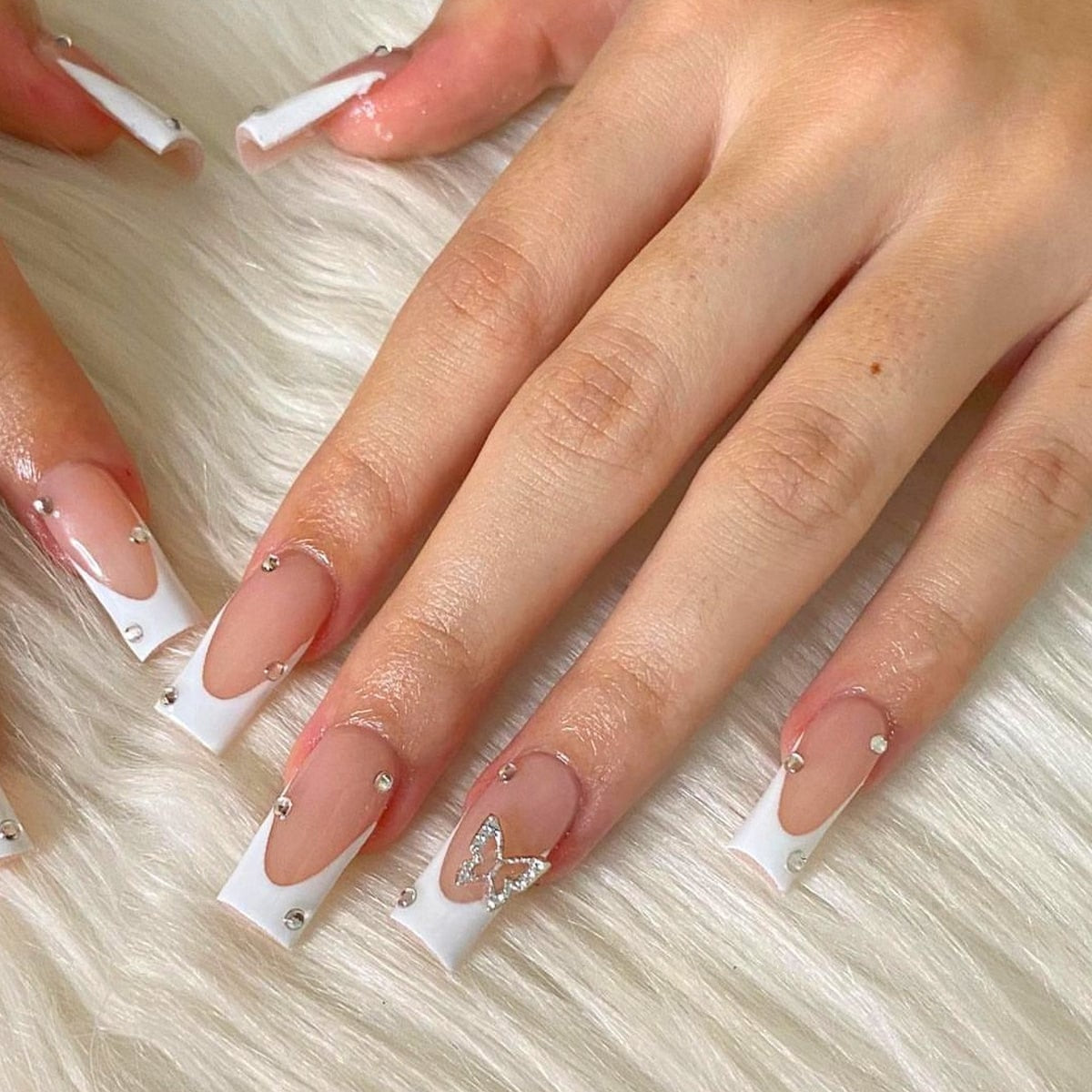 24Pcs Pink French False Nails French with Rhinestone Acrylic Fake Nail Tips Detachable Coffin Press on Nails Full Cover Manicure XY-30-22