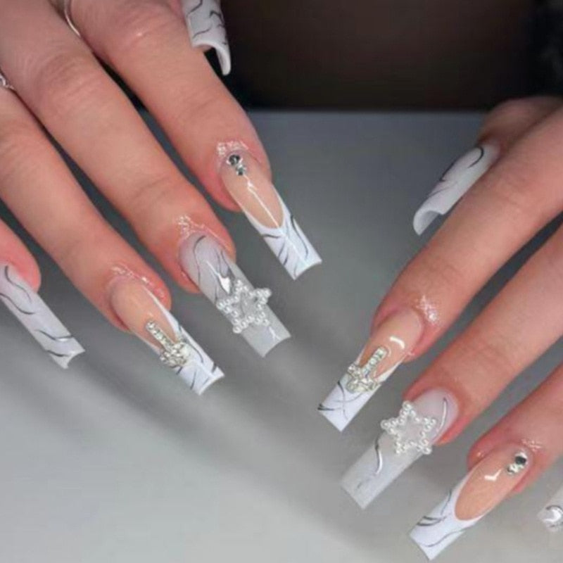 24Pcs Pink French False Nails French with Rhinestone Acrylic Fake Nail Tips Detachable Coffin Press on Nails Full Cover Manicure BW43