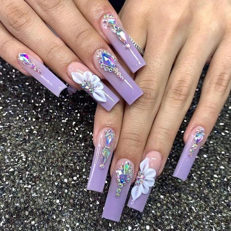 24Pcs Pink French False Nails French with Rhinestone Acrylic Fake Nail Tips Detachable Coffin Press on Nails Full Cover Manicure 2379