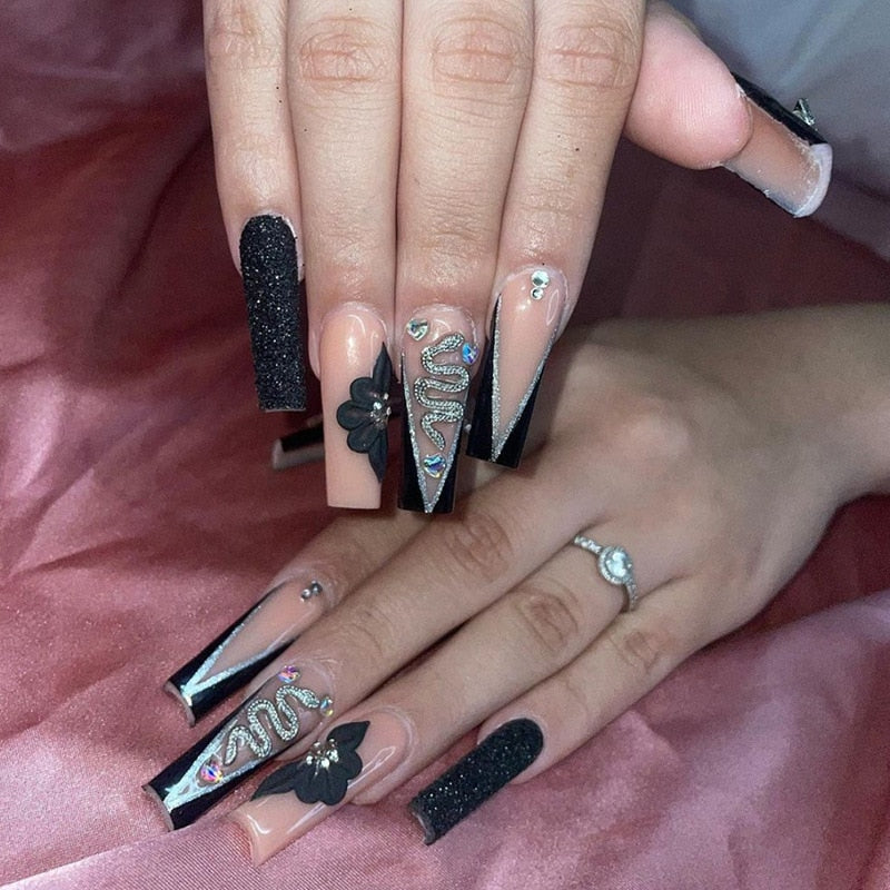 24Pcs Pink French False Nails French with Rhinestone Acrylic Fake Nail Tips Detachable Coffin Press on Nails Full Cover Manicure 659