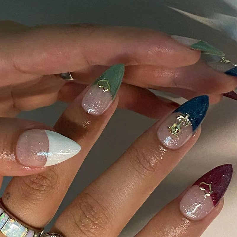 24Pcs Pink Round Head Almond Fake Nails with Heart Shape Rhinestone Wearable Ballerina False Nail Tips Full Cover Press on Nail 2411