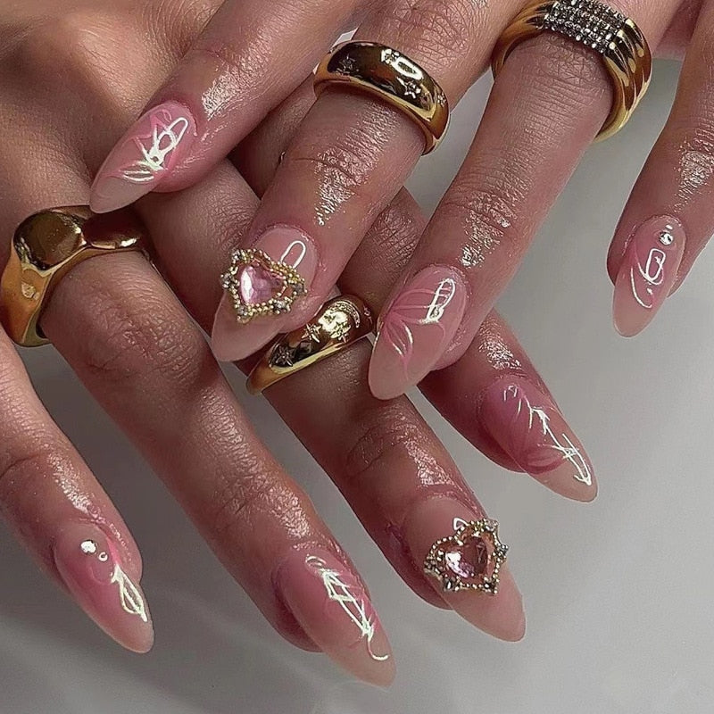 24Pcs Pink Round Head Almond Fake Nails with Heart Shape Rhinestone Wearable Ballerina False Nail Tips Full Cover Press on Nail 2415