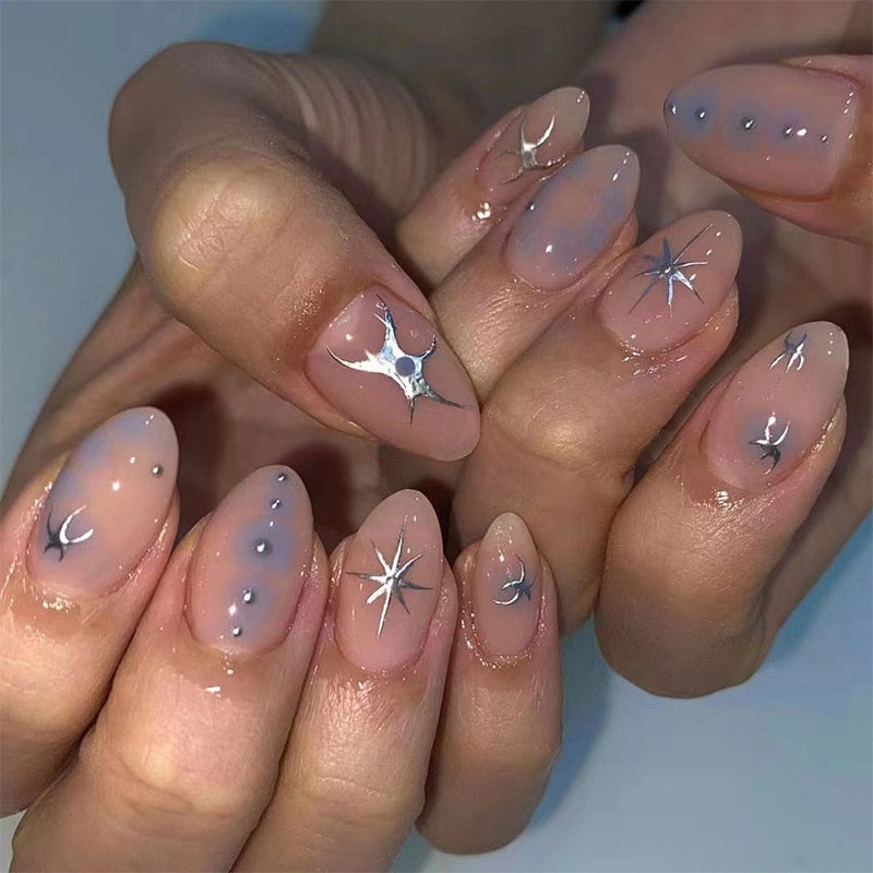 24Pcs Pink Round Head Almond Fake Nails with Heart Shape Rhinestone Wearable Ballerina False Nail Tips Full Cover Press on Nail 2051