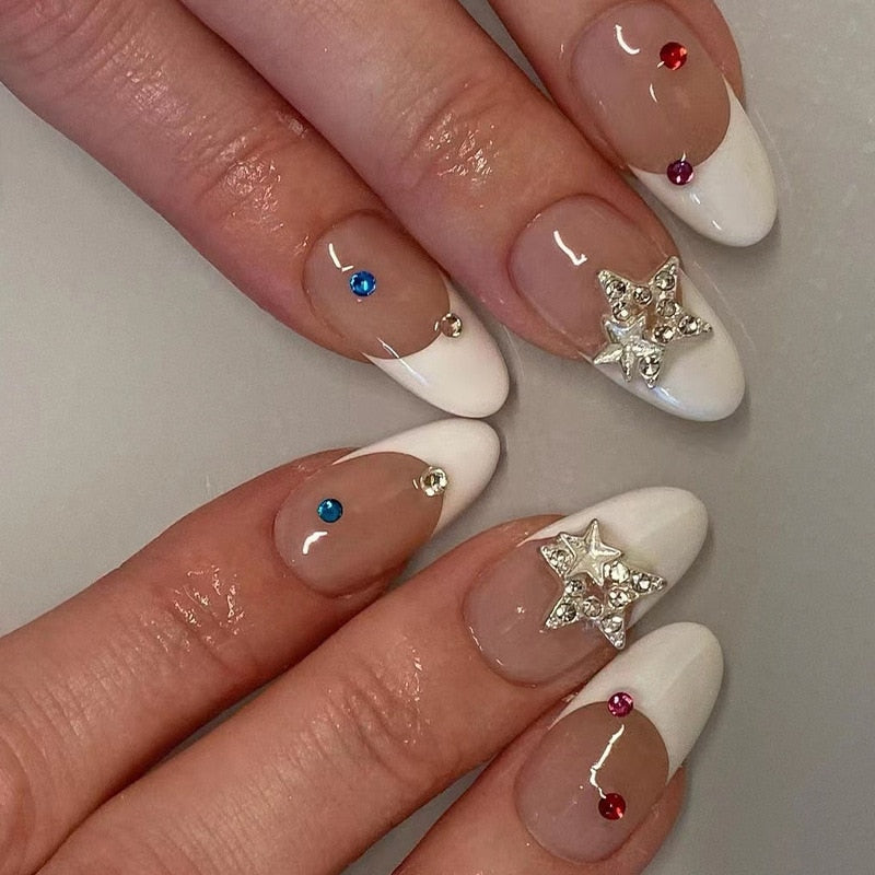 24Pcs Pink Round Head Almond Fake Nails with Heart Shape Rhinestone Wearable Ballerina False Nail Tips Full Cover Press on Nail 2410