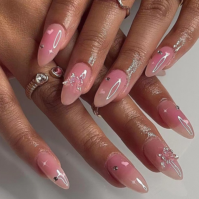 24Pcs Pink Round Head Almond Fake Nails with Heart Shape Rhinestone Wearable Ballerina False Nail Tips Full Cover Press on Nail 2413