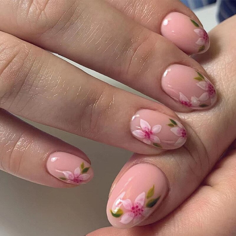 24Pcs Pink Round Head Almond Fake Nails with Heart Shape Rhinestone Wearable Ballerina False Nail Tips Full Cover Press on Nail 2483