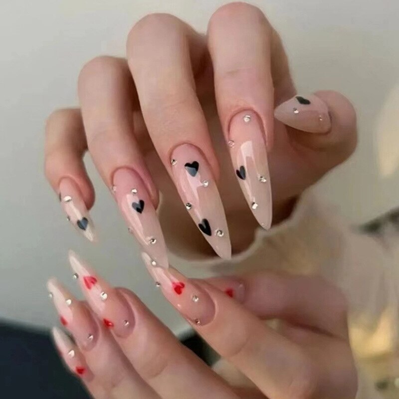 24Pcs Press On Nails Long Stiletto False Nails With Glue Pink Butterfly Cloud Rhinestones Design Acrylic Fake Nail Detachable