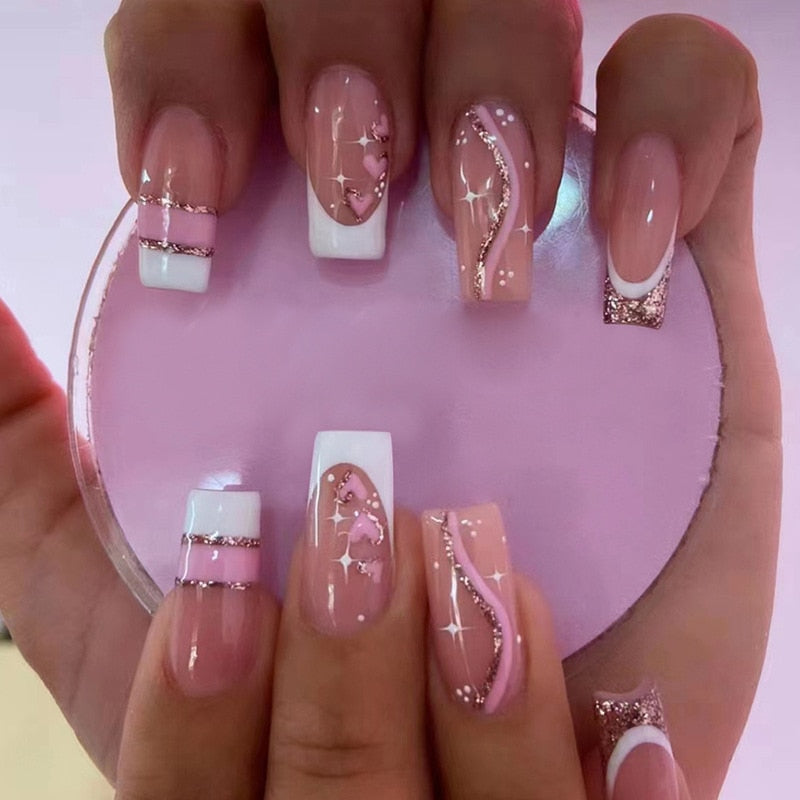 24Pcs Press On Nails Wearable Fake Nails Pink Gradient Glitter Butterfly Rhinestones False Nail Full Cover Acrylic Nail Tips ab4