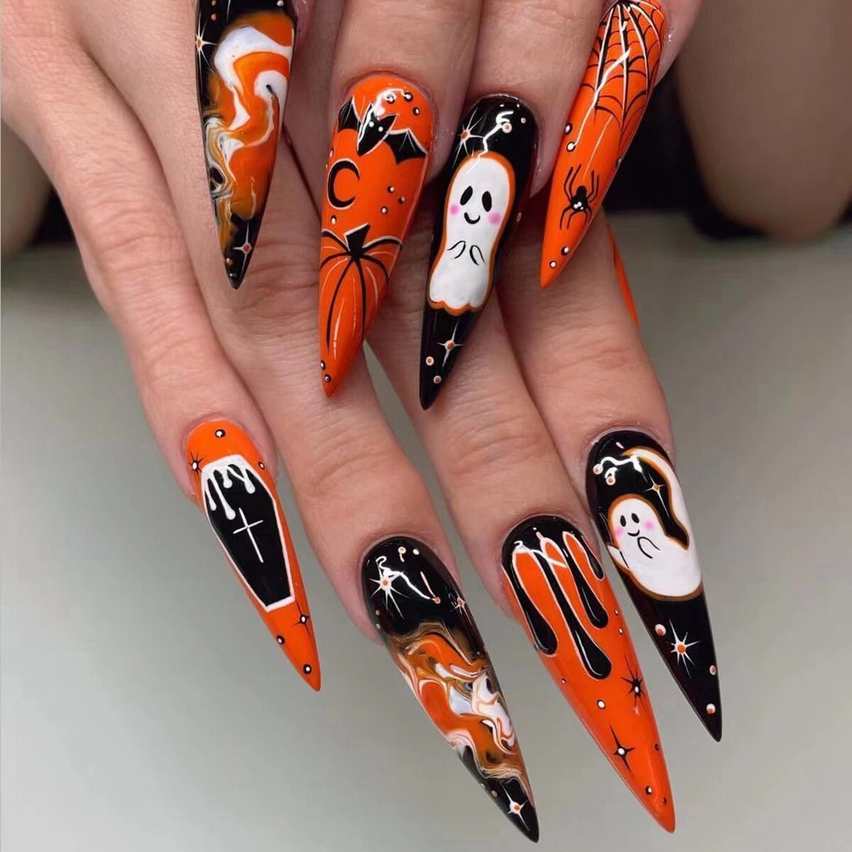 24Pcs Purple Glitter Almond False Nails Aurora Halloween with French Design Wearable Fake Nails Press on Nails Tips Artificial