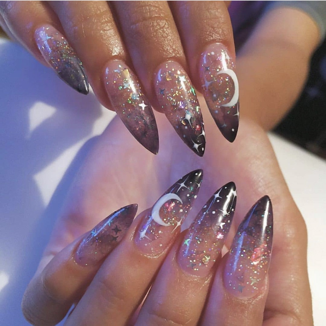 24Pcs Purple Glitter Almond False Nails Aurora Halloween with French Design Wearable Fake Nails Press on Nails Tips Artificial 1026
