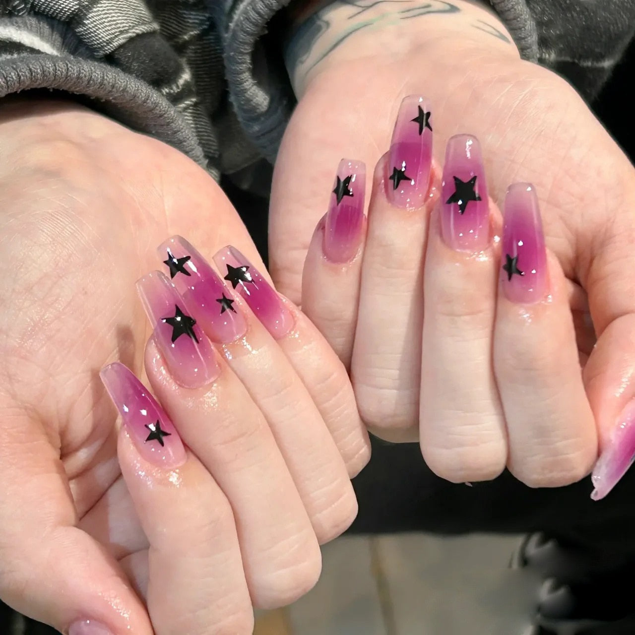 24Pcs Purple Y2K Press on Nails Star Diamond Designs Full Cover Fake Nails Long Coffin Acrylic False Nails for Women 2024 New YA-04