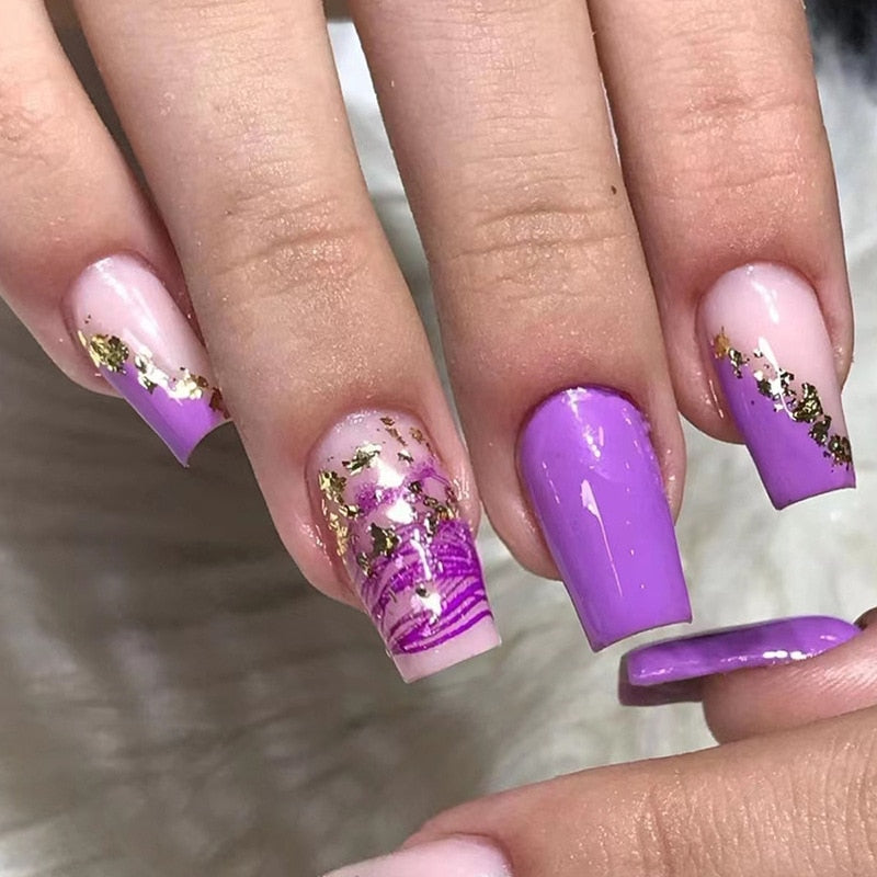 24Pcs Purple Y2K Press on Nails Star Diamond Designs Full Cover Fake Nails Long Coffin Acrylic False Nails for Women 2024 New YA-03