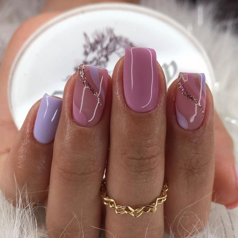 24Pcs Purple Y2K Press on Nails Star Diamond Designs Full Cover Fake Nails Long Coffin Acrylic False Nails for Women 2024 New YA-19