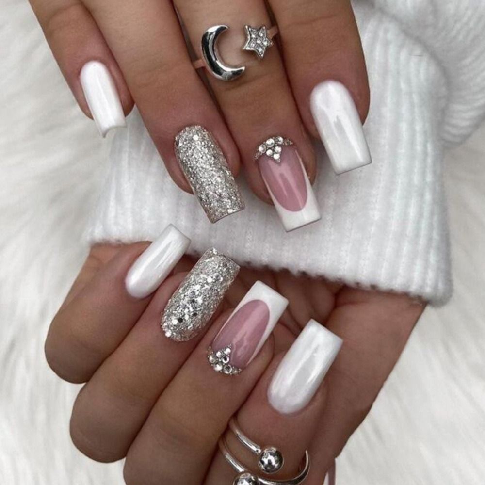 24Pcs Rose Red Black Contrast Color False Nails Coconut Tree Pearl White French Fake Nails Ballerina Coffin Manicure Tool 34