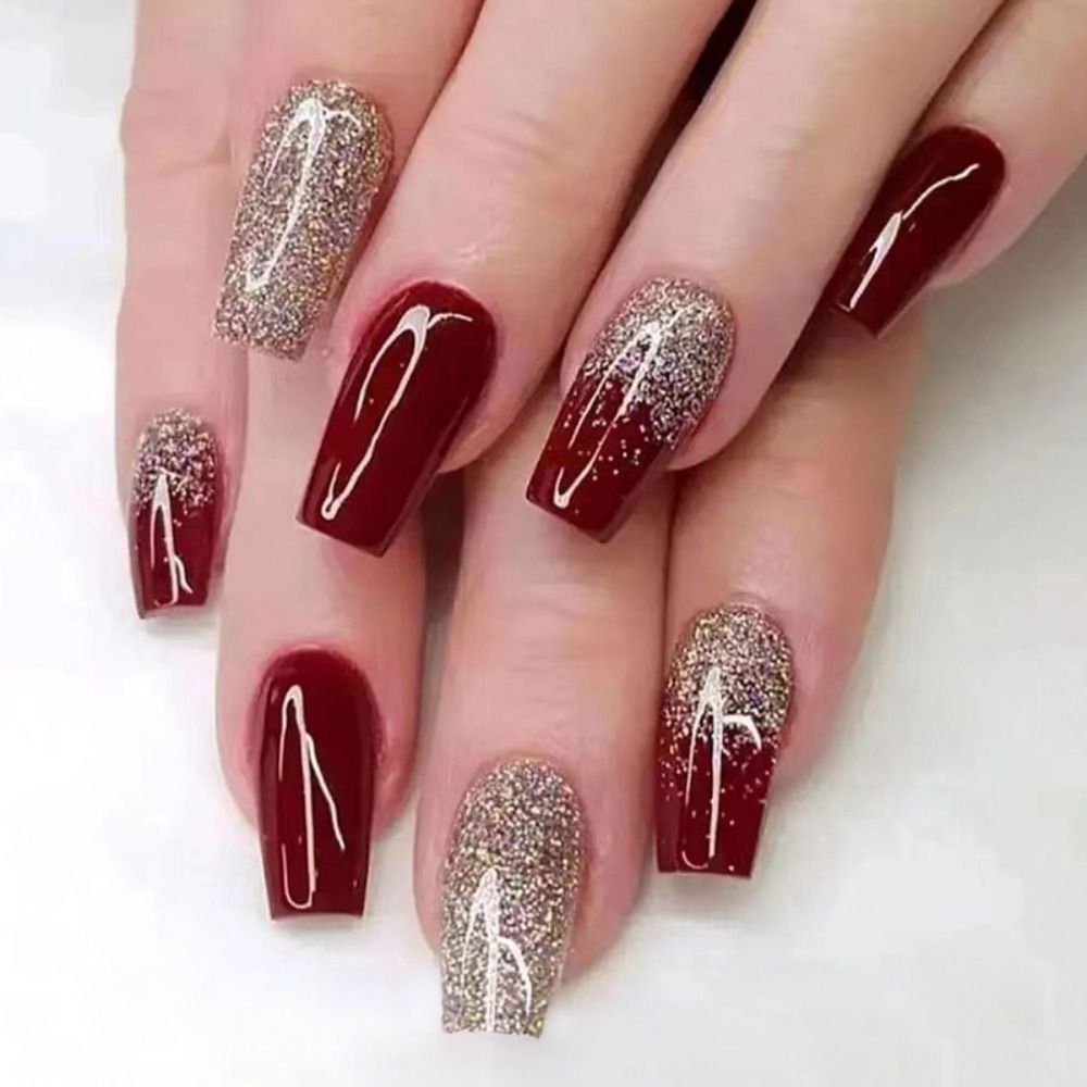 24Pcs Rose Red Black Contrast Color False Nails Coconut Tree Pearl White French Fake Nails Ballerina Coffin Manicure Tool 17