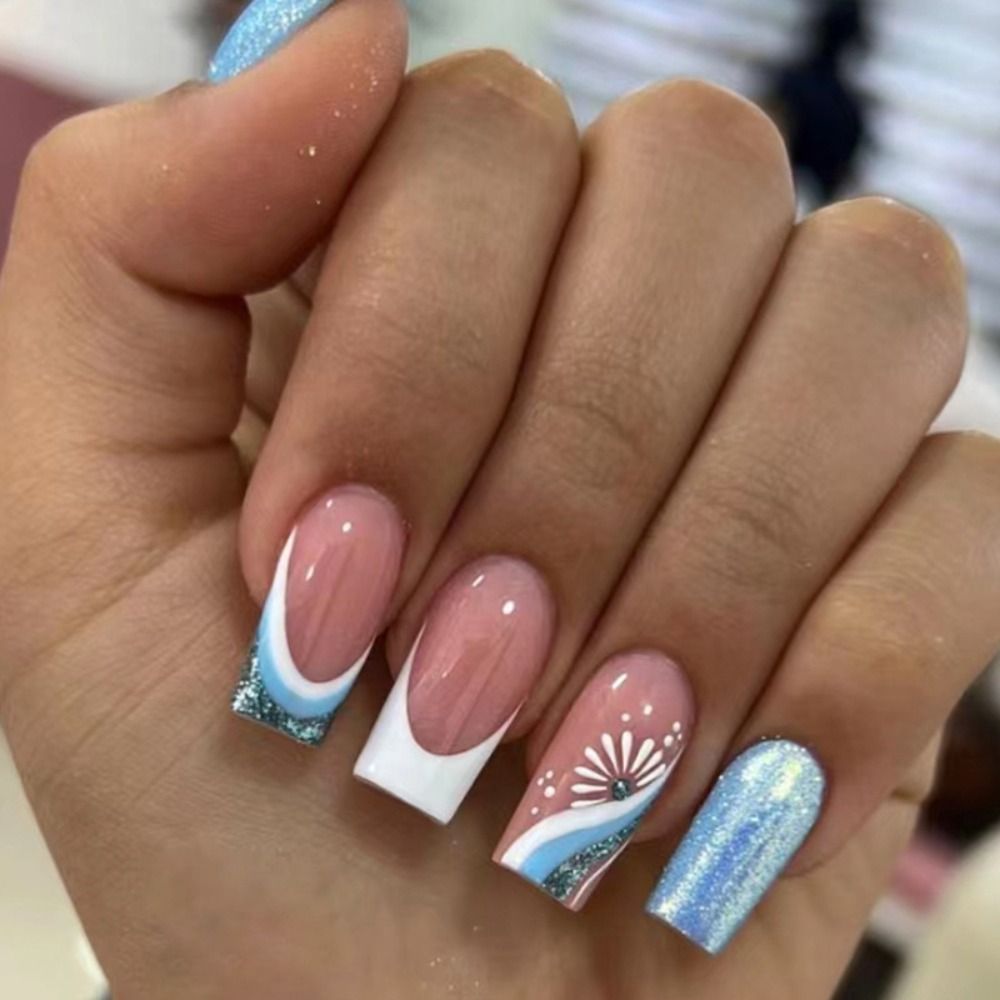 24Pcs Rose Red Black Contrast Color False Nails Coconut Tree Pearl White French Fake Nails Ballerina Coffin Manicure Tool 7