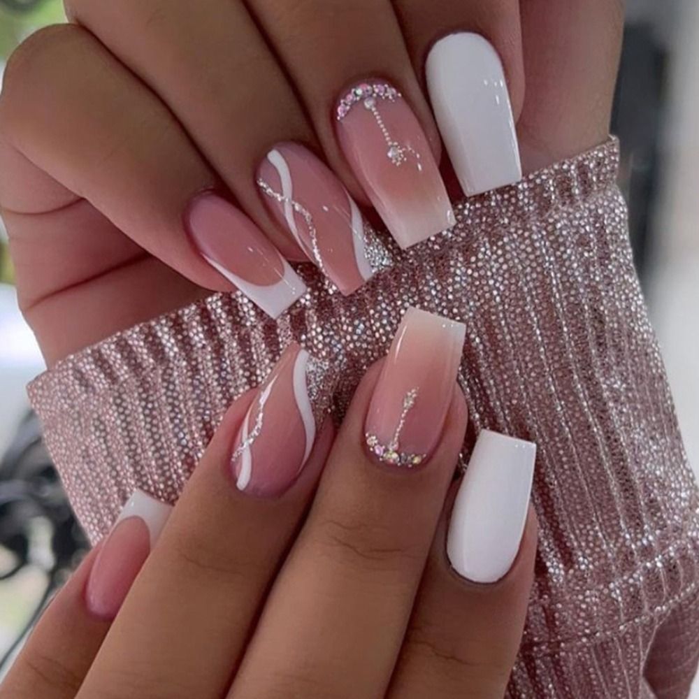 24Pcs Rose Red Black Contrast Color False Nails Coconut Tree Pearl White French Fake Nails Ballerina Coffin Manicure Tool 16