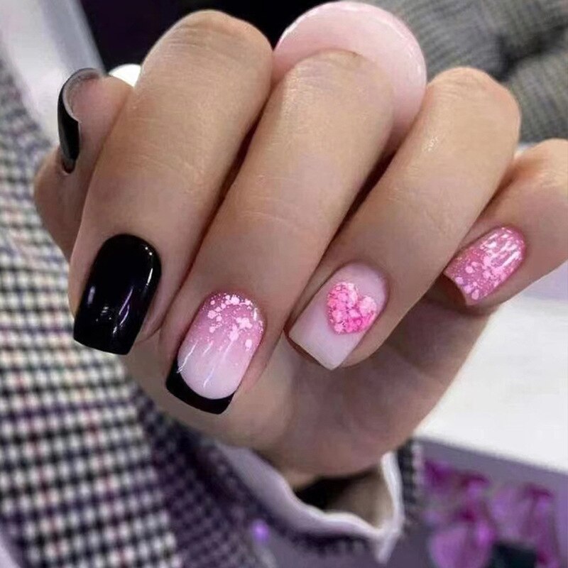 24Pcs Rose Red Black Contrast Color False Nails Coconut Tree Pearl White French Fake Nails Ballerina Coffin Manicure Tool 8