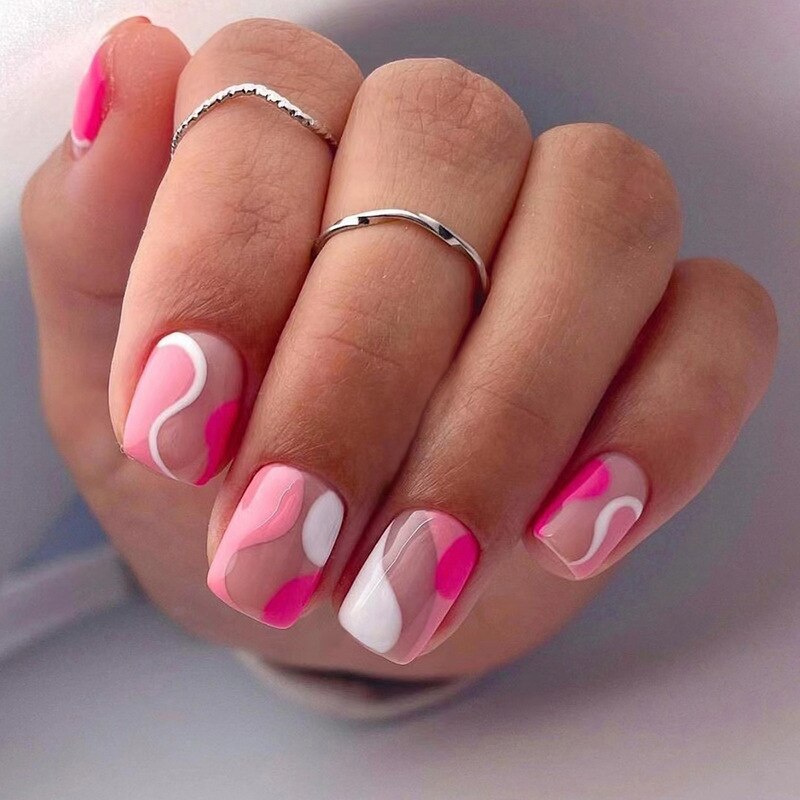 24Pcs Rose Red Black Contrast Color False Nails Coconut Tree Pearl White French Fake Nails Ballerina Coffin Manicure Tool 12