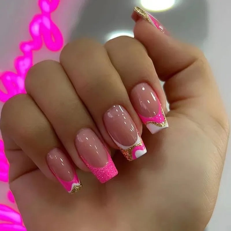 24Pcs Rose Red Black Contrast Color False Nails Coconut Tree Pearl White French Fake Nails Ballerina Coffin Manicure Tool 5