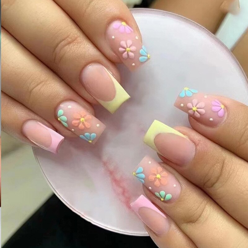 24Pcs Rose Red Black Contrast Color False Nails Coconut Tree Pearl White French Fake Nails Ballerina Coffin Manicure Tool 29