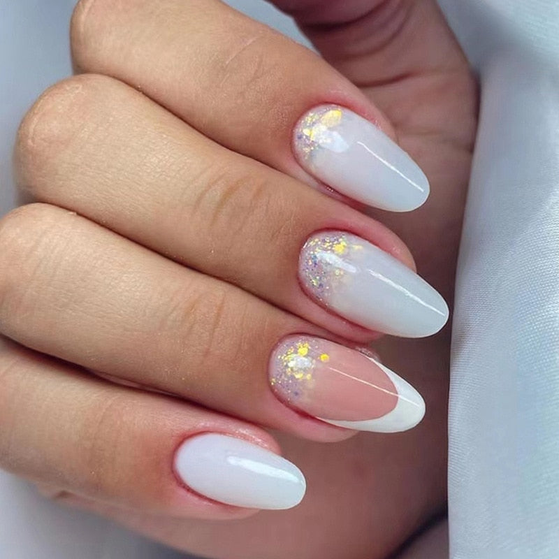 24Pcs Round Head Fake Nails with French Design Long Almond Pink Love False Nail Tips Wearable Acrylic Full Cover Press on Nails 247
