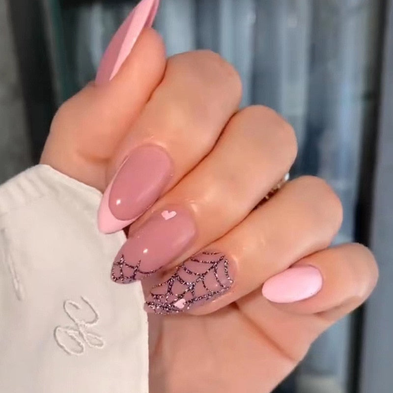 24Pcs Round Head Fake Nails with French Design Long Almond Pink Love False Nail Tips Wearable Acrylic Full Cover Press on Nails 289