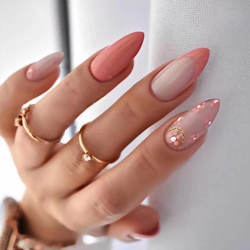 24Pcs Round Head Fake Nails with French Design Long Almond Pink Love False Nail Tips Wearable Acrylic Full Cover Press on Nails 292