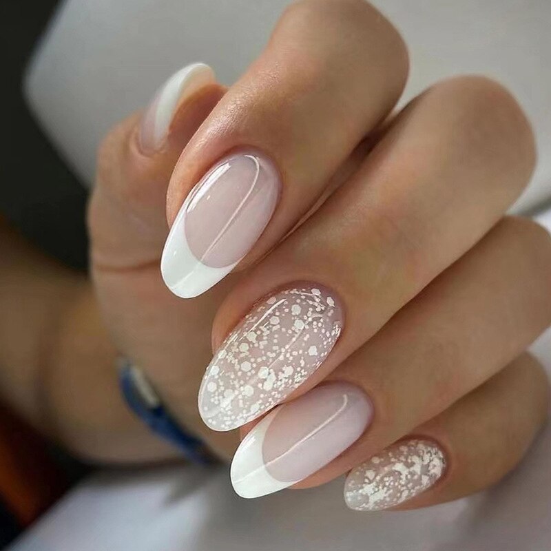 24Pcs Round Head Fake Nails with French Design Long Almond Pink Love False Nail Tips Wearable Acrylic Full Cover Press on Nails 248