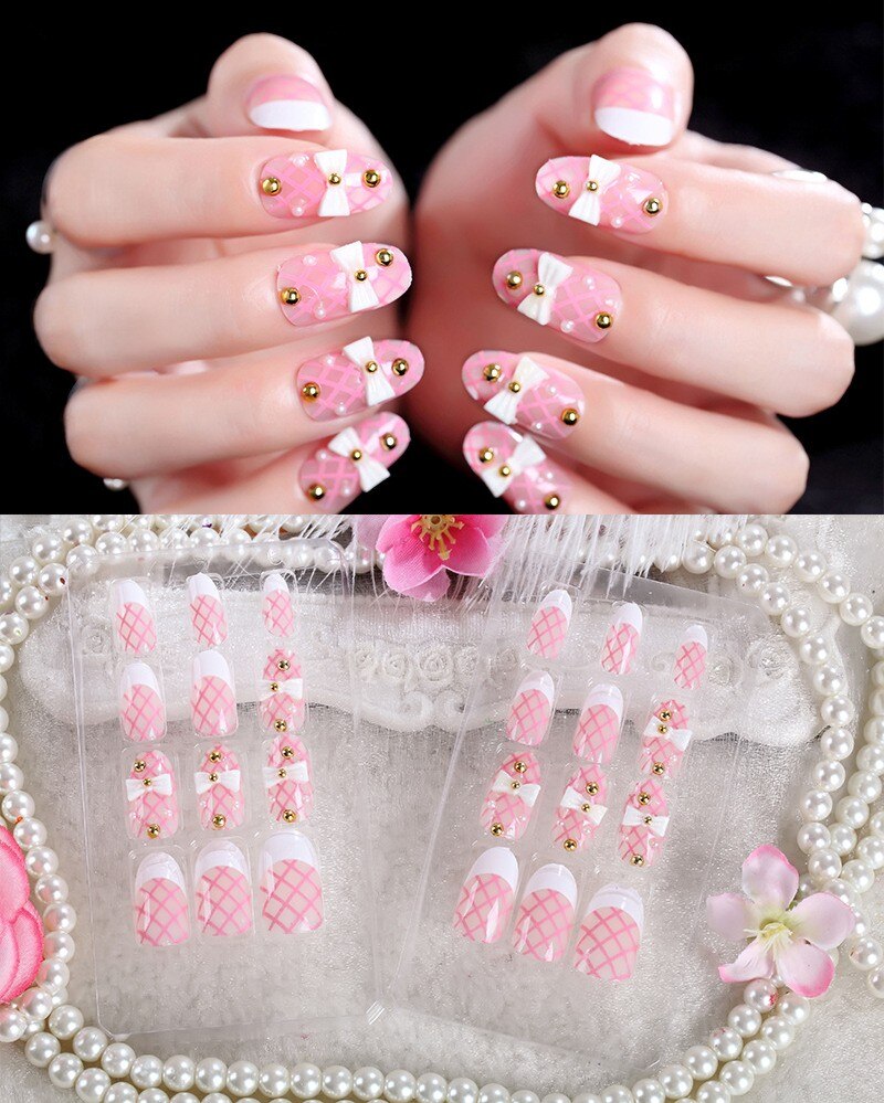 24Pcs/Set Fake Nails Press on Girls Finger Beauty False Nail Art Tips Bright Shining 3D Diamond Full Cover French Nail Art Tips AL28