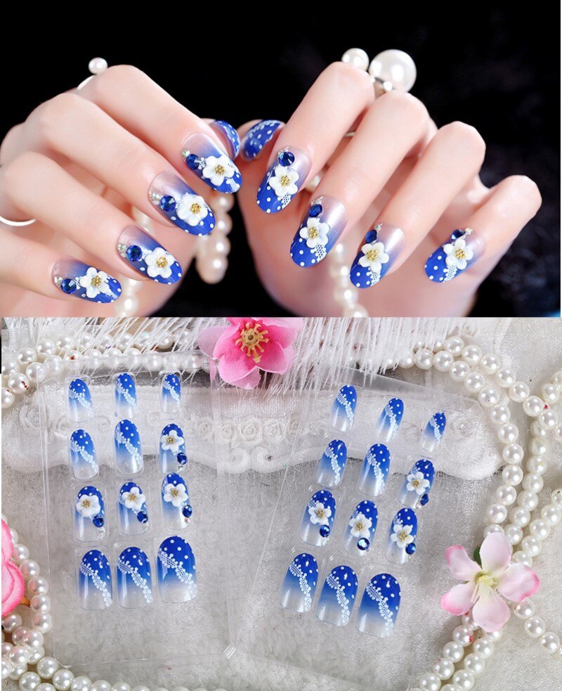 24Pcs/Set Fake Nails Press on Girls Finger Beauty False Nail Art Tips Bright Shining 3D Diamond Full Cover French Nail Art Tips AL182