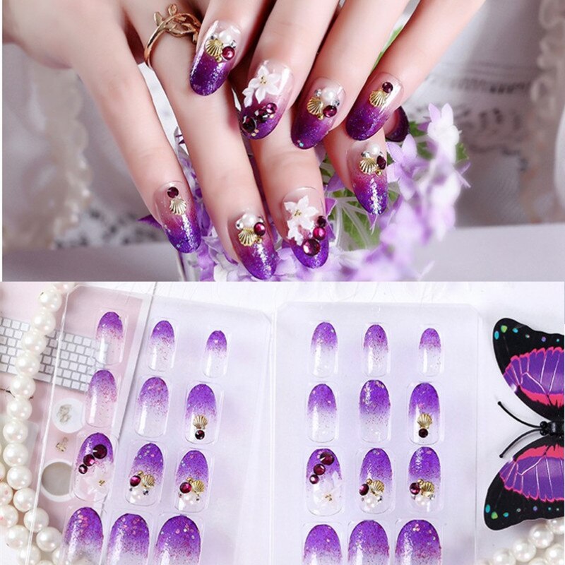 24Pcs/Set Fake Nails Press on Girls Finger Beauty False Nail Art Tips Bright Shining 3D Diamond Full Cover French Nail Art Tips
