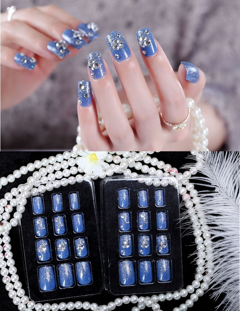24Pcs/Set Fake Nails Press on Girls Finger Beauty False Nail Art Tips Bright Shining 3D Diamond Full Cover French Nail Art Tips AL50