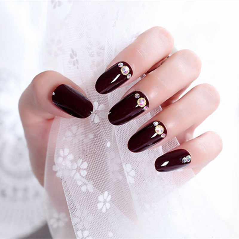 24Pcs/Set Fake Nails Press on Girls Finger Beauty False Nail Art Tips Bright Shining 3D Diamond Full Cover French Nail Art Tips