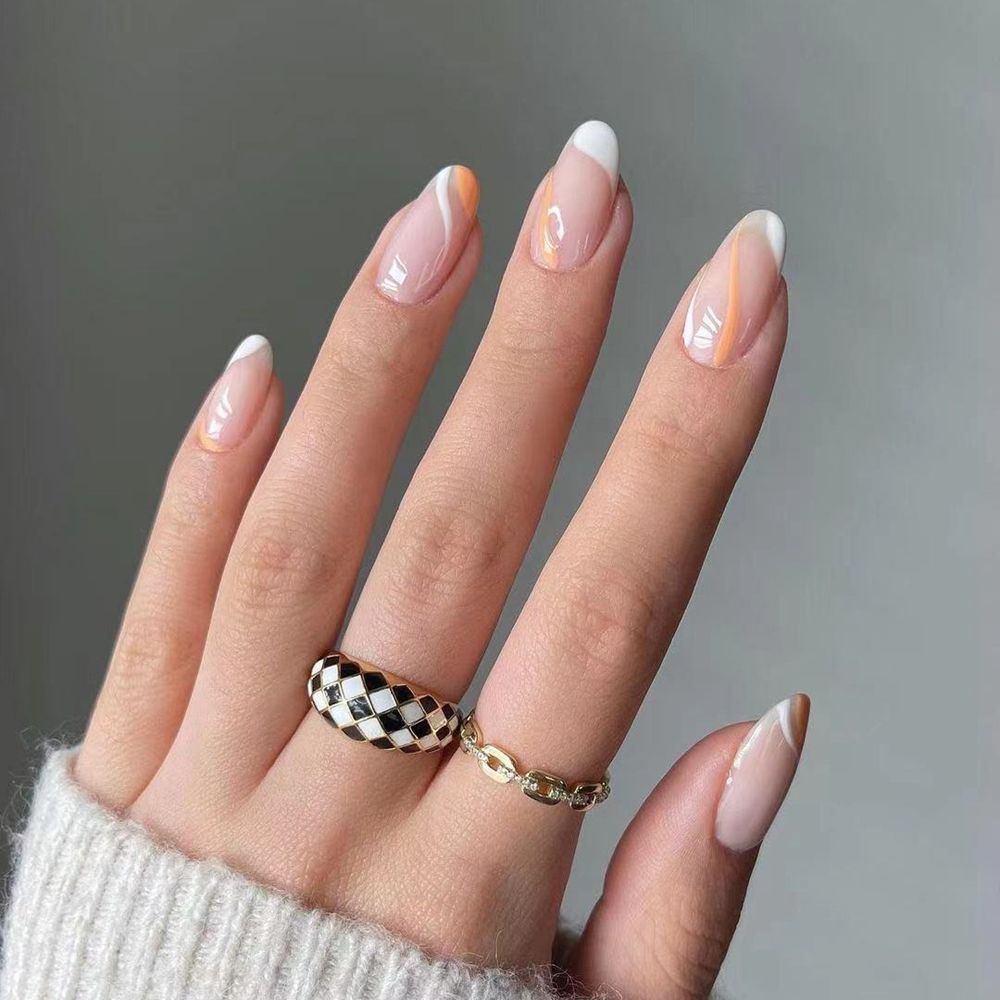 24Pcs/Set Fake Nails With Glue Full Cover Nail Tips Press On Med Nails DIY Manicure Oval Head False Nails Pink Almond Artificial JP1350 -24Pcs-Set