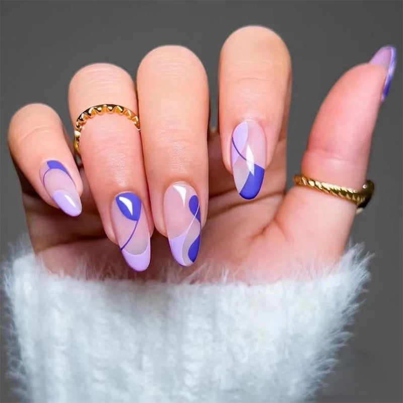 24Pcs/Set Fake Nails With Glue Full Cover Nail Tips Press On Med Nails DIY Manicure Oval Head False Nails Pink Almond Artificial JP1579 -24Pcs-Set