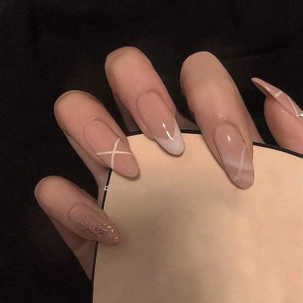 24Pcs/Set Fake Nails With Glue Full Cover Nail Tips Press On Med Nails DIY Manicure Oval Head False Nails Pink Almond Artificial 185- -24Pcs-Set