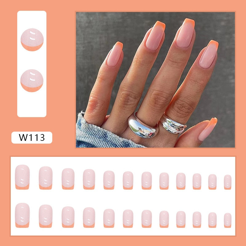 24Pcs/Set Fake Nails With Glue Full Cover Nail Tips Press On Med Nails DIY Manicure Oval Head False Nails Pink Almond Artificial W113 -24Pcs-Set