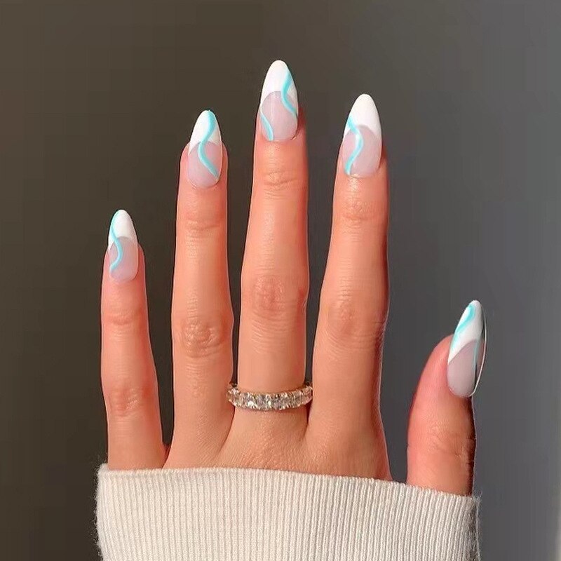24Pcs/Set Fake Nails With Glue Full Cover Nail Tips Press On Med Nails DIY Manicure Oval Head False Nails Pink Almond Artificial JP1525 -24Pcs-Set