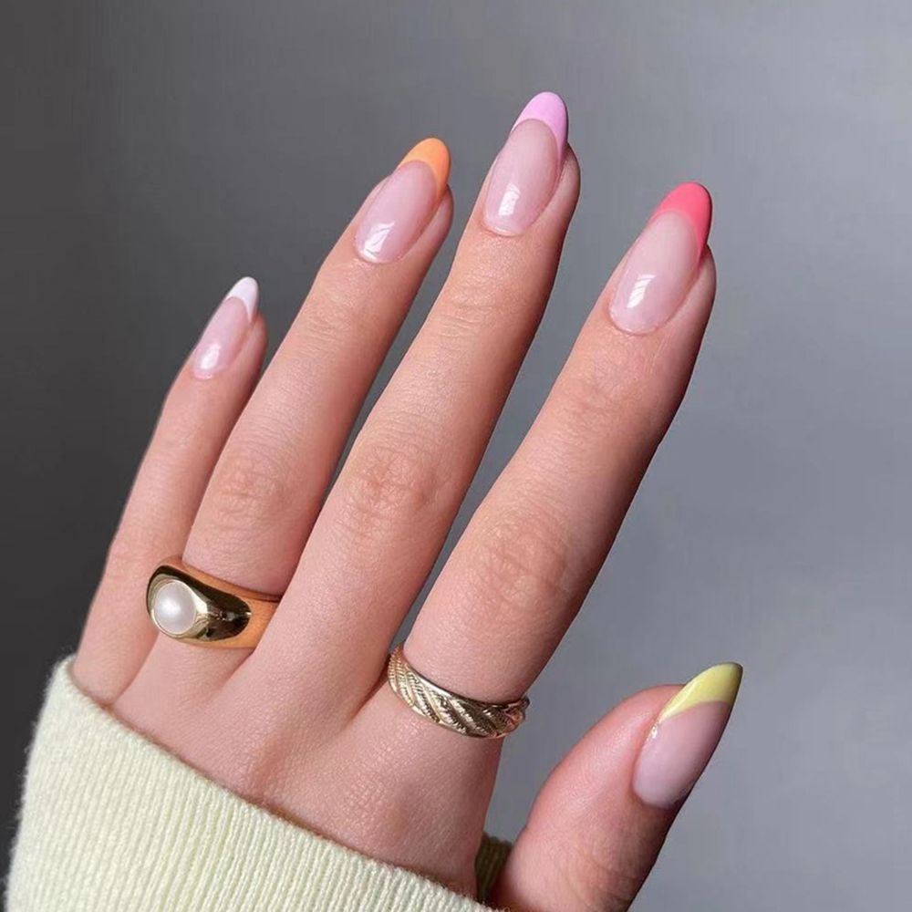 24Pcs/Set Fake Nails With Glue Full Cover Nail Tips Press On Med Nails DIY Manicure Oval Head False Nails Pink Almond Artificial JP1347 -24Pcs-Set