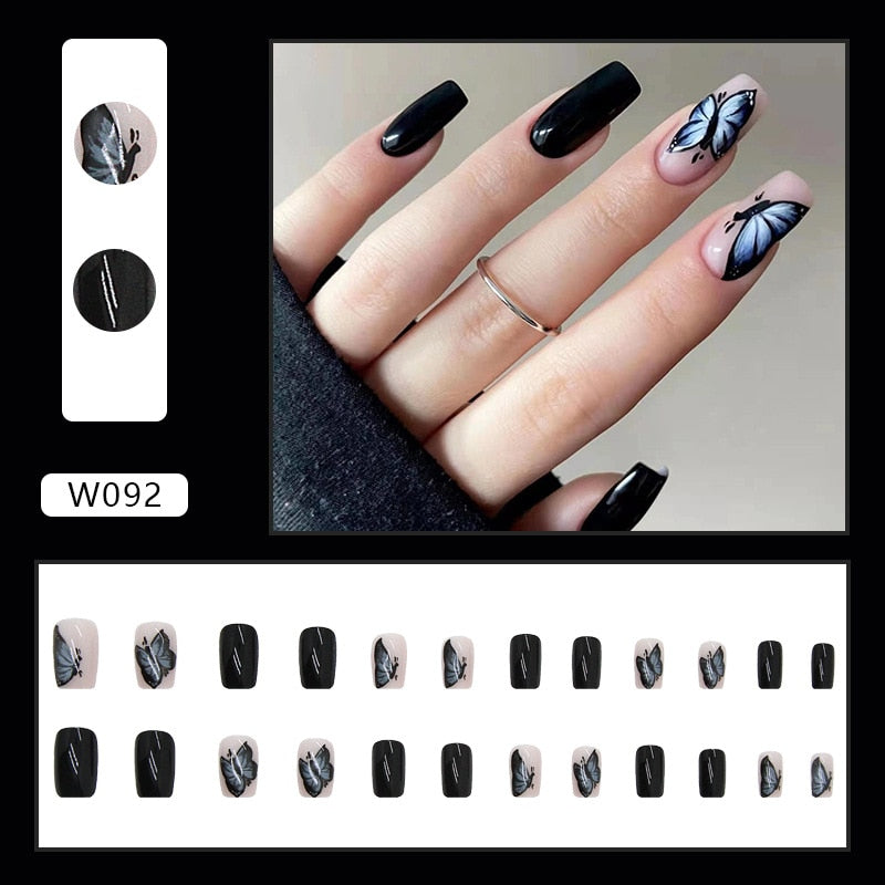 24Pcs/Set Fake Nails With Glue Full Cover Nail Tips Press On Med Nails DIY Manicure Oval Head False Nails Pink Almond Artificial W092 -24Pcs-Set