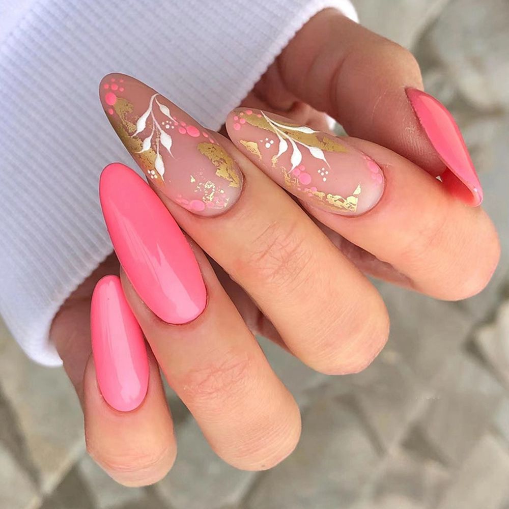 24Pcs/Set Fake Nails With Glue Full Cover Nail Tips Press On Med Nails DIY Manicure Oval Head False Nails Pink Almond Artificial JP1696 -24Pcs-Set